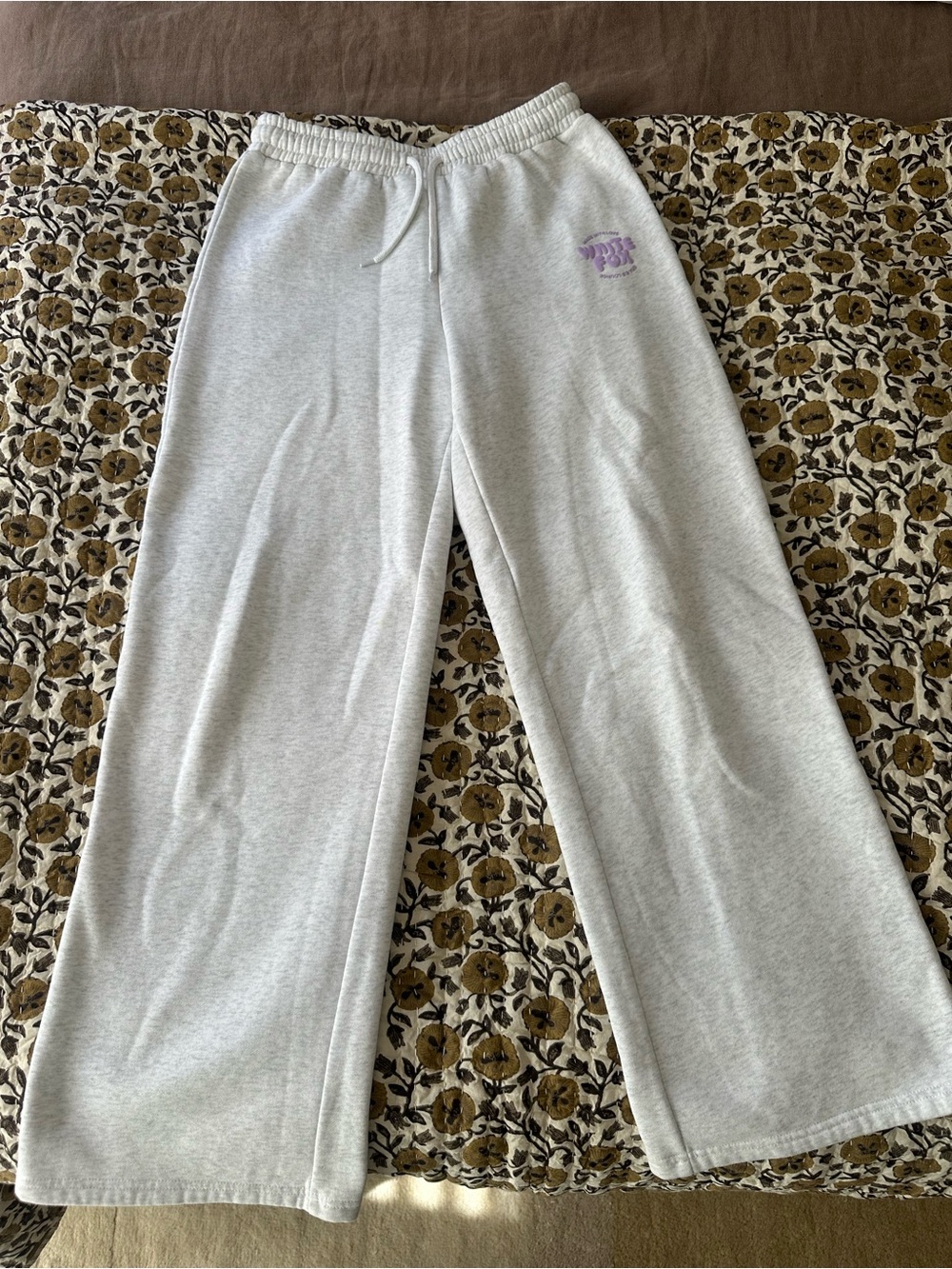 White Fox Light Gray Wide-Leg Sweatpants with Purple Logo